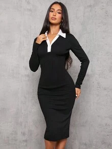 SHEIN PETITE Đầm công sở cài nút cổ đen trắng tương phản phong cách học sinh - màu đen - Xem 6