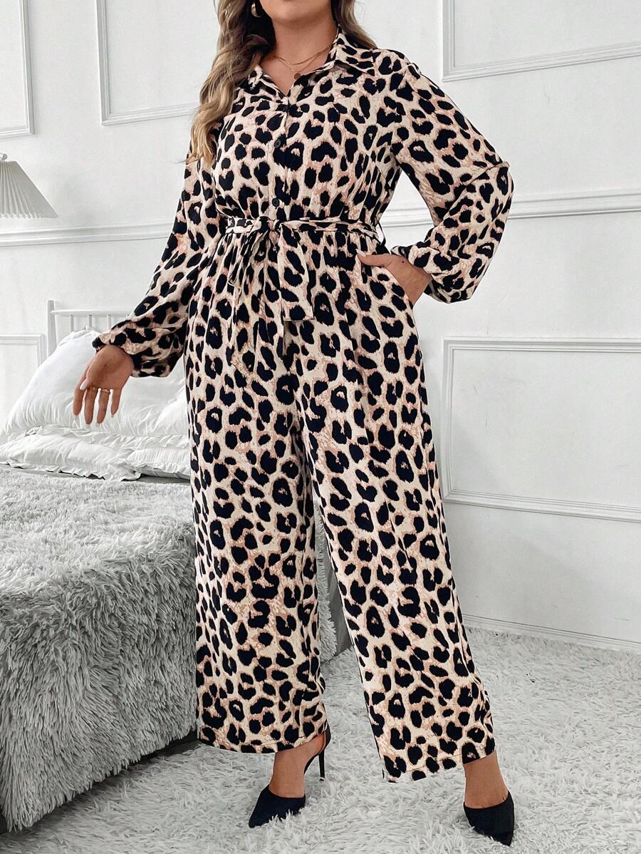 SHEIN Clasi Macacão casual plus size com botões frontais e manga comprida com nó torcido e estampa de leopardo - Multicolorido - Ver 1