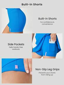 GLOWMODE FeatherFit™-Air Peekaboo 打结 Y 型背部 V 领露肩连衣裙，内置短裤，低冲击瑜伽日常可拆卸罩杯 - Blue Power - 查看 5