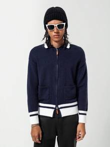 Vintage Baseball Jacket With Handcraft Contrast Color Long Sleeve, Pockets & Shawl Collar, Regular Knitted Cardigan - Royal Blue - View 5