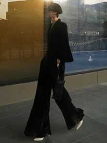 DAZY Women's Solid Color Lapel Collar Long Sleeve Elegant Velvet Wide Leg Jumpsuit,Back To School Clothes