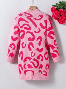 Tween Girl 粉色豹纹圆领长袖毛衣裙，时尚中长针织裙，秋冬 - 粉色 - 查看 2