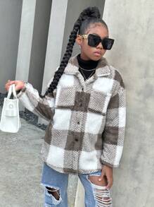 SHEIN Tween Girl Winter Casual Reversible Plaid Long Sleeve Cardigan - Brown - View 2