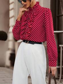 Chiquease Women's Spring Autumn Polka Dot Print Mix Ruffle Trim Elegant Long Sleeve Blouse Fall Cloth For Women - Burgundy - View 5