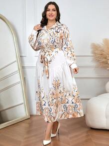 Mulvari Plus Size Long Sleeve Waist Tie Casual Loose Floral Print Dress