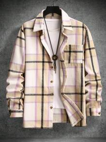 Manfinity Homme Men's Plaid Print Button Front Pocket Long Sleeve Shacket,Long Sleeve Men Shirt,Plaid Shirt - Multicolor - View 1