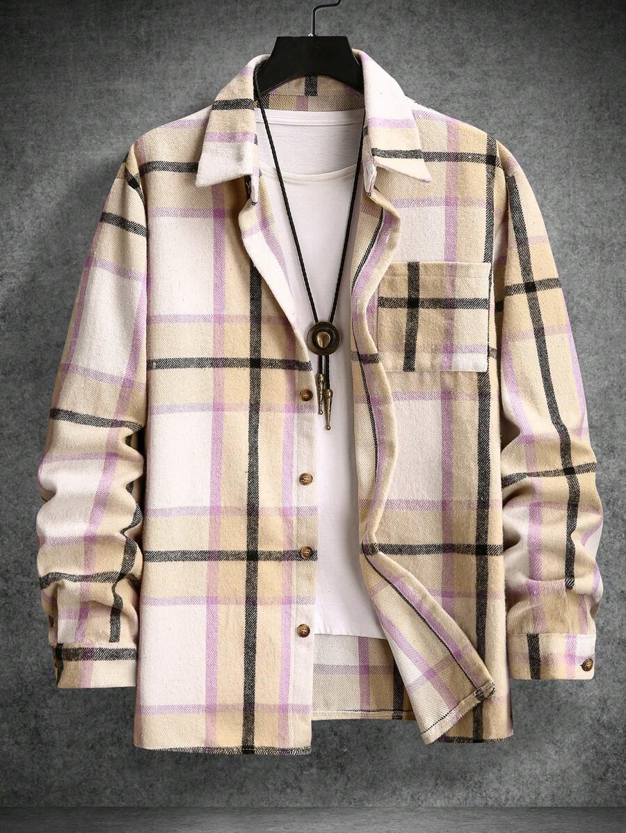 Manfinity Homme Men's Plaid Print Button Front Pocket Long Sleeve Shacket,Long Sleeve Men Shirt,Plaid Shirt - Multicolor - View 1