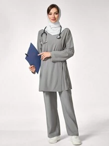 TaskEZ Women's Two-Piece Scrub Uniform Suit (Fashionable Casual Original Collar Solid Color Long Sleeve Scrub Uniform Top And Fashion Casual Women's Elastic Waistband Women's Straight Pants), Women's Breathable Anti-Pilling And Anti-Static Two-Piece Suit, Beauty Salon, Pet Hospital, Playground Work Clothes, Multi-Function Multi-Pocket Suit - Grey - View 3