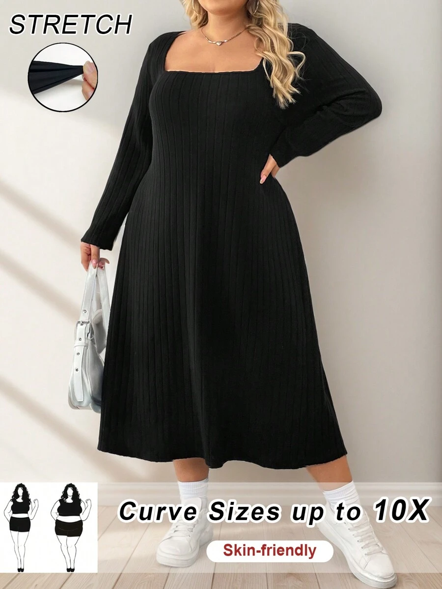 SHEIN CURVE+ Váy len dệt kim gân màu trơn cỡ lớn cho nữ, váy mùa thu - màu đen - Xem 1