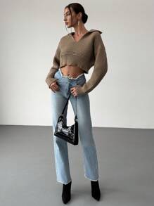 Aloruh New High Collar Loose Fit Cozy Pullover V-Neck Knitted Sweater - Khaki - View 7