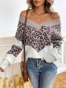 SHEIN Privé Sweater Pullover Wanita Lengan Panjang Satu Bahu Longgar Kasual Motif Leopard - MultiWarna - View 5