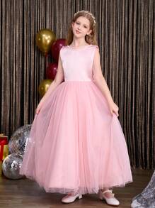 SHEIN Tween Girls Pink V-Neck Backless Butterfly Decor Mesh Dress, Elegant Party Gown Suitable For Outdoor And Indoor Events - Pink - View 7