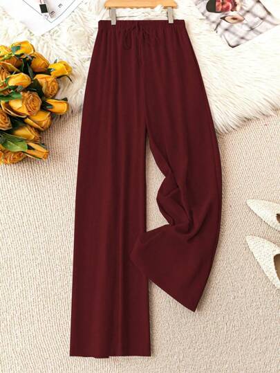 EMERY ROSE Plus Size Solid Color Front Tie Simple Casual Pants Fall Cloth For Women