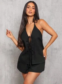 SHEIN PETITE Bộ đồ hai mảnh đơn sắc mùa hè cho nữ, áo vest buộc dây phía trước và quần short, thường ngày, chất liệu vải lanh, thoáng khí và thoải mái, thời trang đơn giản, phong cách cổ điển, thích hợp mặc ở nhà, đi làm, nghỉ dưỡng hàng ngày - màu đen - Xem 5