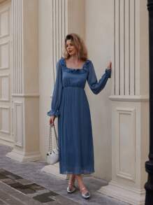 EMERY ROSE Vestido elegante de gasa con cuello de volantes y plisados - Azul - Ver 6