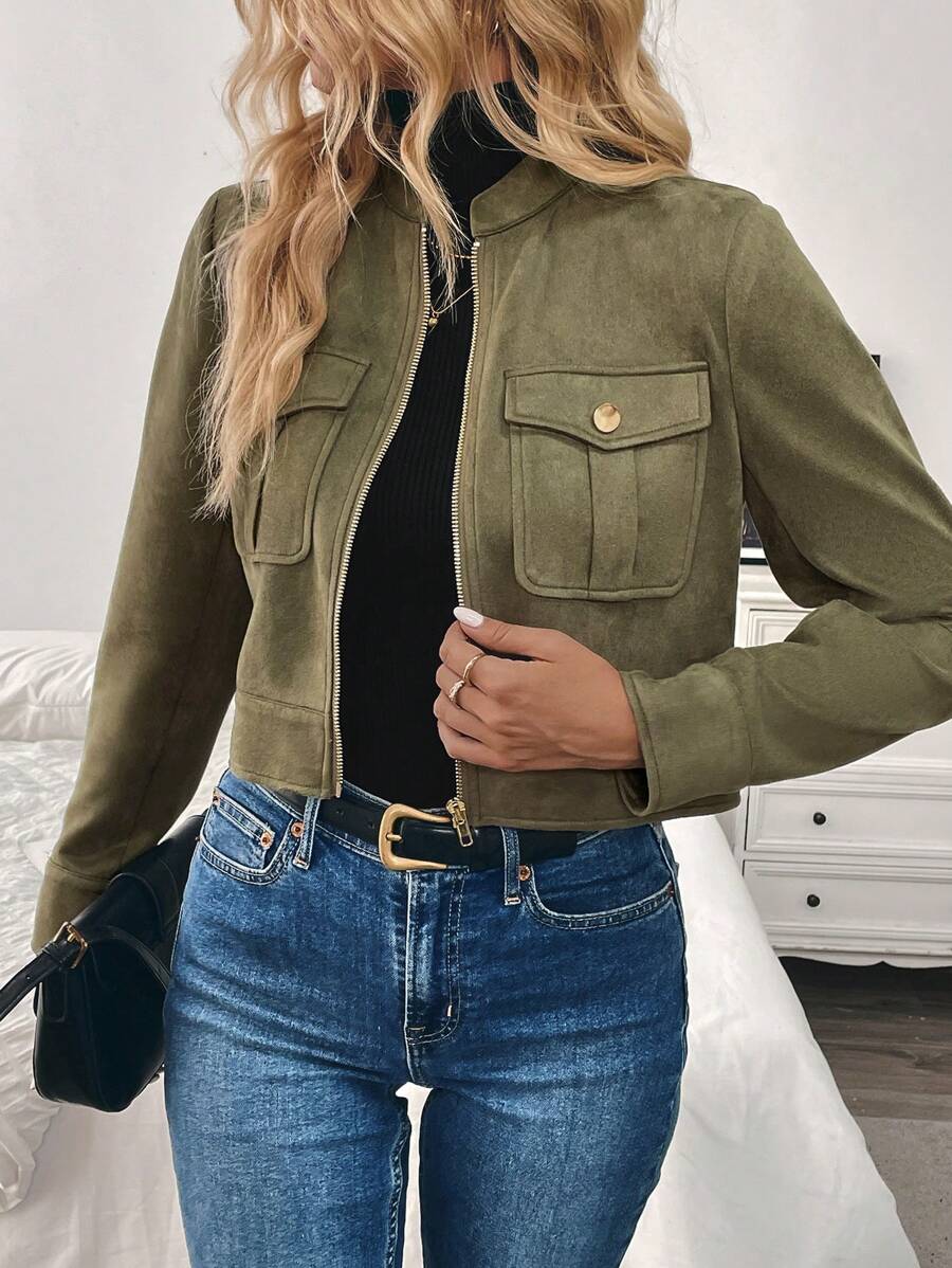 EMERY ROSE Women's Warm Large Pocket Metal Button Short Military Green Jacket, Autumn/Winter Fall Cloth For Women - Army Green - View 1