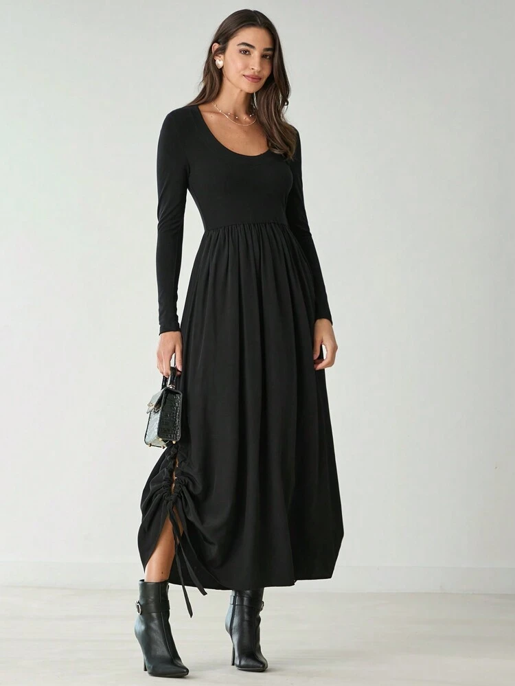New Autumn Winter Products,Women Solid Color Round Neck Long Sleeve Drawstring Legs Dress,Fall Winter  Women's Clothing,,Black Dress