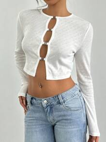 Aloruh 女士镂空针织长袖短款修身 T 恤，春夏 - 白色 - 查看 3