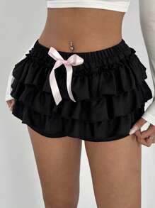 Aloruh Quần short cạp thấp họa tiết nơ hồng gợi cảm và sang trọng cho nữ Quần short xếp nếp cạp thấp màu đen - màu đen - Xem 3