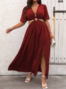 Vionelle Plus Size Women's Vacation Deep V Neck Ruffle Short Sleeve Side Cutout Dress Burgundy Women Outfit Wedding Guest Vacation Summer Sexy Elegant - Burgundy - View 7