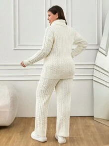 RueChic Plus Cable Knit 2 Piece Sweater And Pants - White - View 2