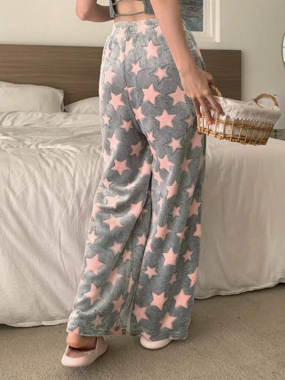 Thickened Flannel Allover Star Pattern Fluffy Sleep Pants, Thermal Lined Fall, Winter, Cozy