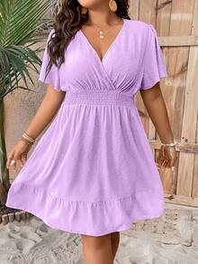 Celure Đầm thường ngày cổ chữ V xếp nếp màu trơn cỡ lớn cho kỳ nghỉ hè dành cho nữ - Màu tím hoa cà - Xem 3