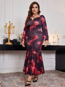 Modelyn Robe imprimée florale élégante grande taille, printemps automne, robes moulantes élégantes, pour soirée, invité de mariage/anniversaire, tenue maxi pour femmes