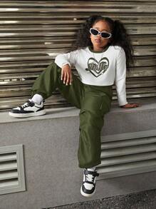 SHEIN 2 pezzi/set Top e pantaloni casual per ragazze pre-adolescenti, con stampa a lettere, maniche lunghe e collo rotondo, in stile patchwork a contrasto - Verde militare - Visualizzare 4
