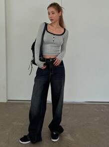 DAZY Women's Loose Fit Wide Leg Pocket Detail Casual Baggy Jeans - Dark Wash - View 4