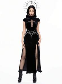 ROMWE Gothic Dark Vampire Style Criss-Cross Cutout High Slit Bodycon Dress - Black - View 6