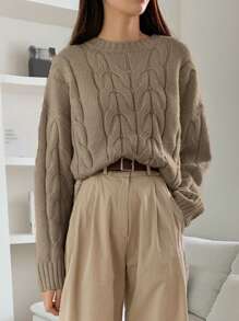DAZY Women's Knitted Cable Crewneck Comfortable Sweater,Fall Clothes - Coffee Brown - View 3
