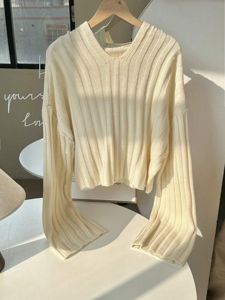 SHEIN Unity Ribbed Loose Hooded Short Casual Knit Sweater For Women, Knit Pullover Fall Winter - Apricot - View 1