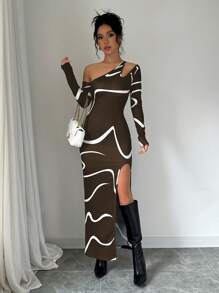 Elenzga 女士不对称抽象涂鸦印花长袖开衩连衣裙