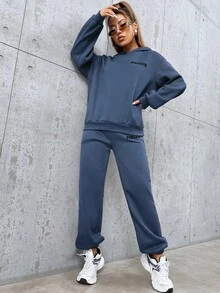 Cottnline Letter Printed Long Sleeve Hoodie And Sweatpants Set - Blue - View 4