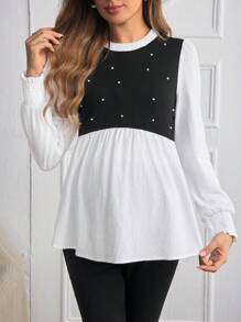 SHEIN Maternity Long Sleeve Shirt, Spring And Summer New Fashion Casual Contrast Color Patchwork Design - Black and White - View 5