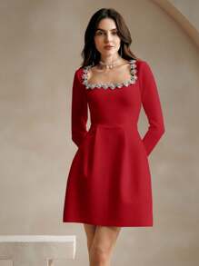 Anewsta Vestido blanco de fiesta con escote cuadrado y decoración de cristales de imitación para Año Nuevo - Rojo - Ver 6