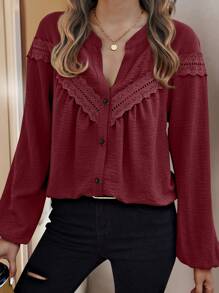 SHEIN LUNE Long Sleeve Casual Hollow Out Embroidery Patchwork Shirt, Spring Autumn - Burgundy - View 5