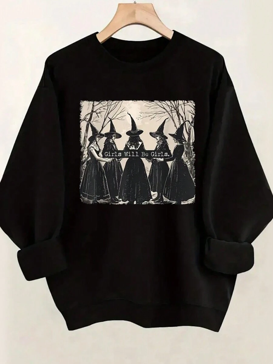 INAWLY Women's Witch Graphic Printed Crew Neck Long Sleeve Sweatshirt - Black - View 1