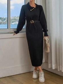 EURMUSE Knitwear Oversize Dress With Button Detail - Black - View 4