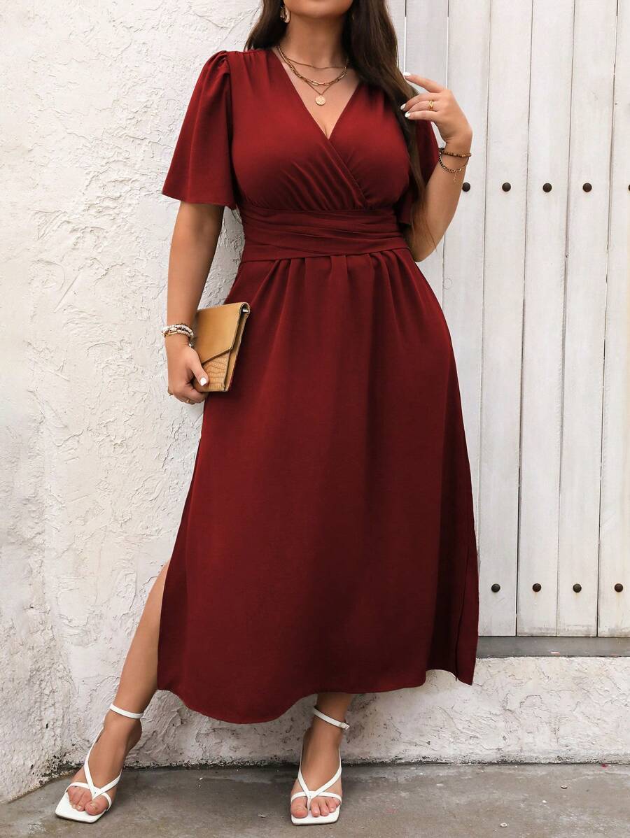 SHEIN Privé Plus Size VNeck Cross Wrap High Slit Short Sleeve Dress