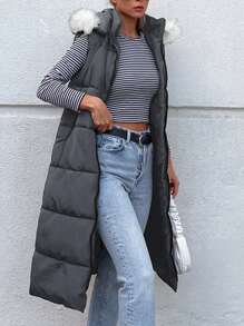 EURMUSE Sleeveless Hooded Padded Coat With Fur Collar - Dark Grey - View 5
