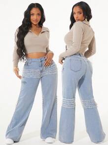 SHEIN Unity Women's Patchwork Frayed Hem Loose Straight Leg Casual Jeans - Light Wash - View 1