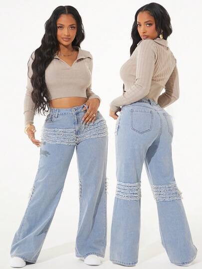 SHEIN SXY Jeans casuales de pierna recta sueltos con dobladillo deshilachado por parches para mujeres