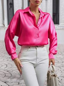 RueChic High Quality Gold Button Detailed Satin Blouse - Pink - View 8