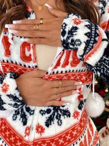 SHEIN SHEIN Maternity Christmas Pregnant Women's Winter Snowflake & Deer Print Hooded Long Sleeve Jumpsuit