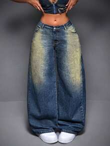 SHEIN ICON 女士休闲洗水阔腿牛仔裤