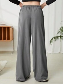 SHEIN Teen Girl's Solid Dark Grey Loose Fit Low Waist Elastic Waistband Ankle Length Pants - Grey - View 2