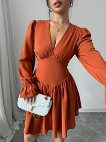 Chiquease 女式纯色 V 领长袖褶饰休闲秋季中长连衣裙 - 橘色 - 查看 5