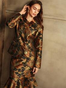 Anewsta 女士高级刺绣印花夹克和鱼尾裙两件套西装套装 - 黑色 - 查看 5